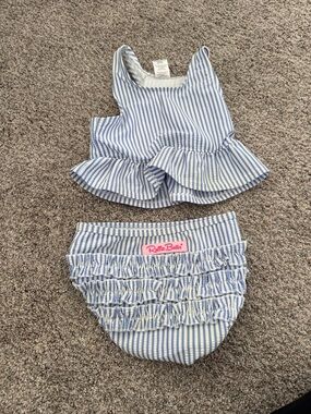 RuffleButts Girls Periwinkle Blue Seersucker Peplum Tankini 2-Piece Swimsuit 3T